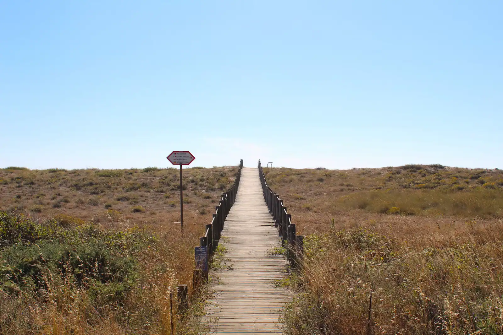 A signpost standing beside a raised timber walkway in rough coastal grass